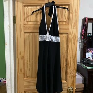 Elegant Black Halter Dress with White Accents
